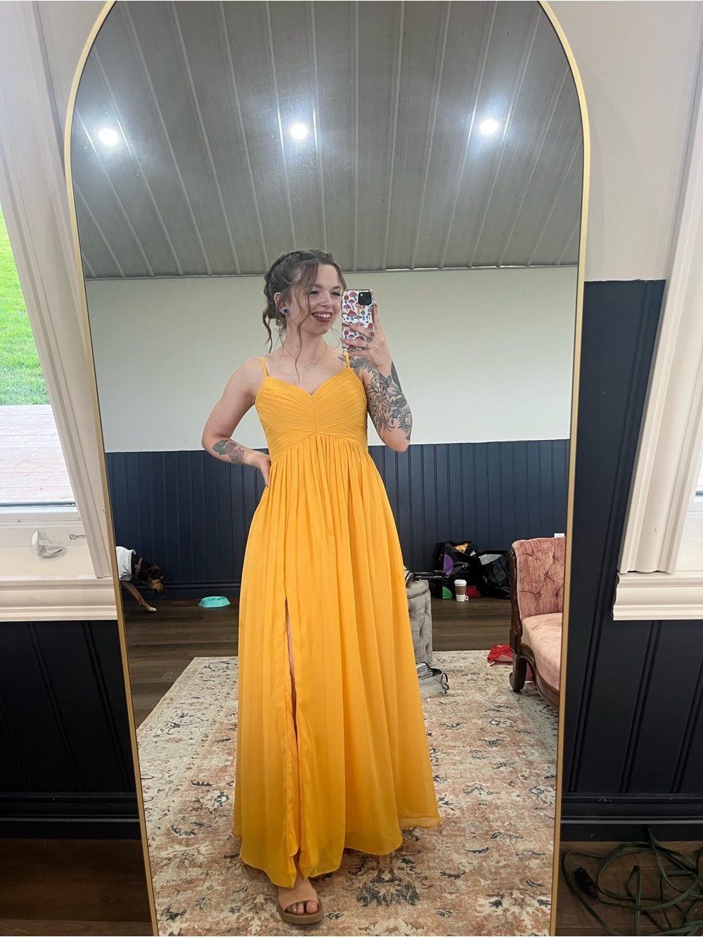 Azazie Marigold Spaghetti-Strap Chiffon Wedding Dress with Front Slit
